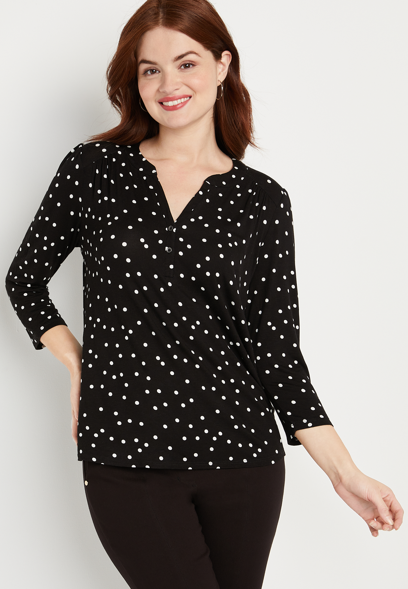 Black Polka Dot Button Front Tee | maurices