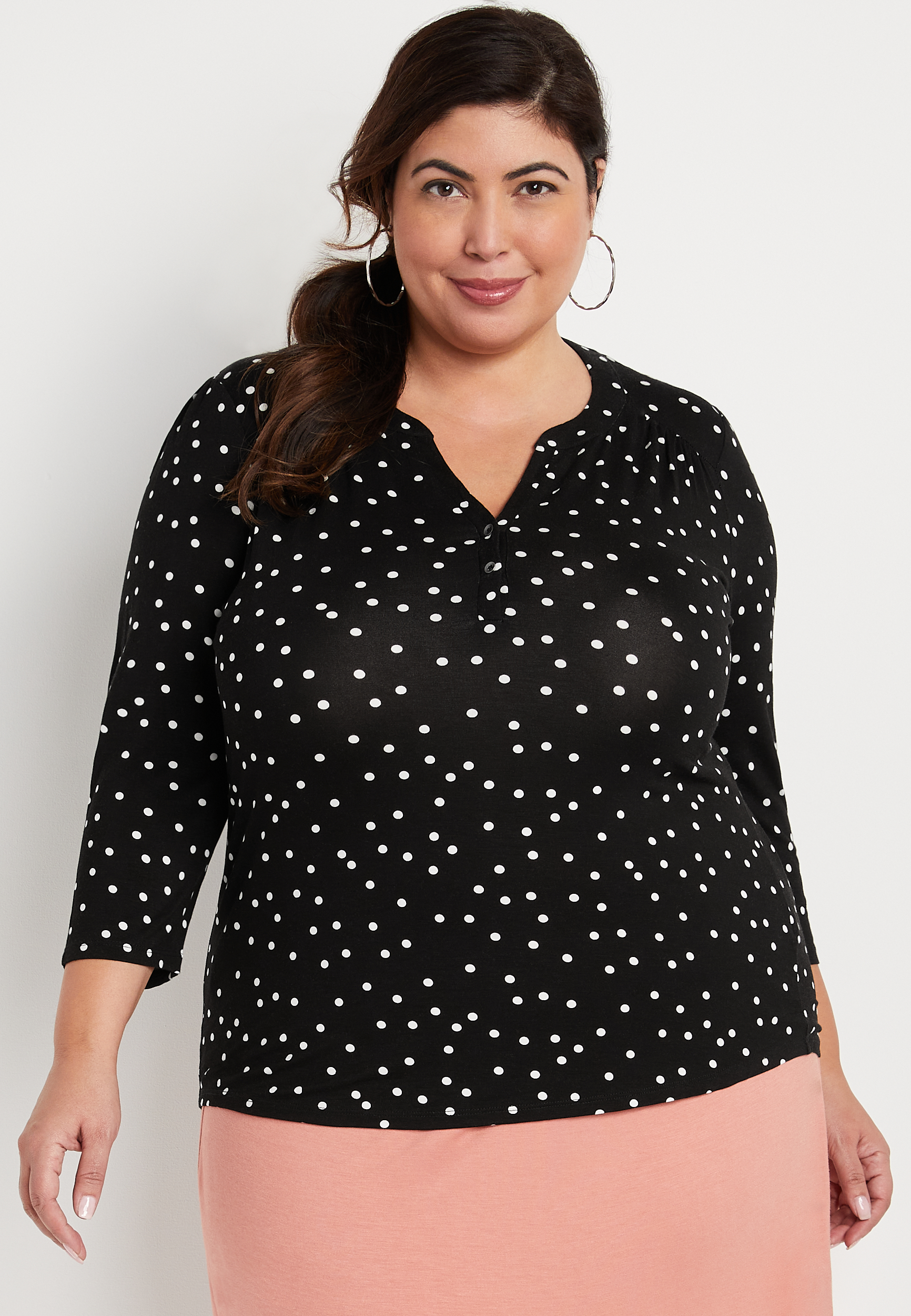 Plus Size Black Polka Dot Button Front Tee | maurices