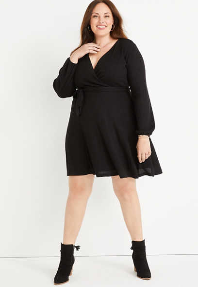 Plus Size Black Ribbed Mini Wrap Dress
