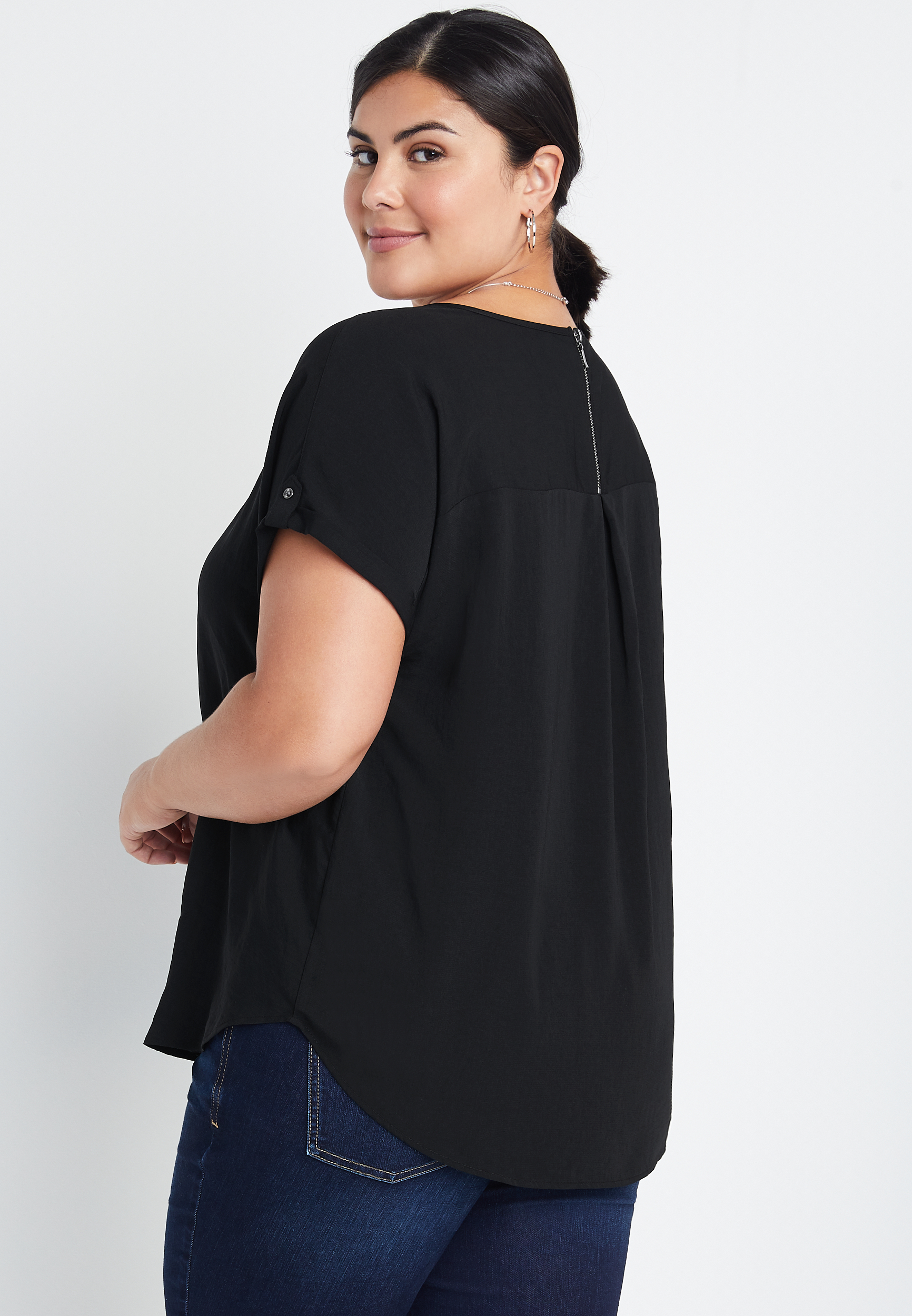 Plus Size Black Zipper Back Blouse, , large