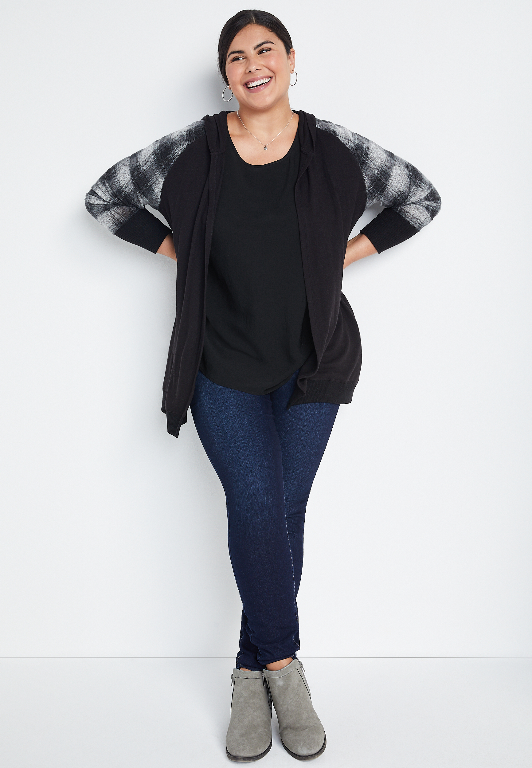 Plus Size Black Zipper Back Blouse, , large