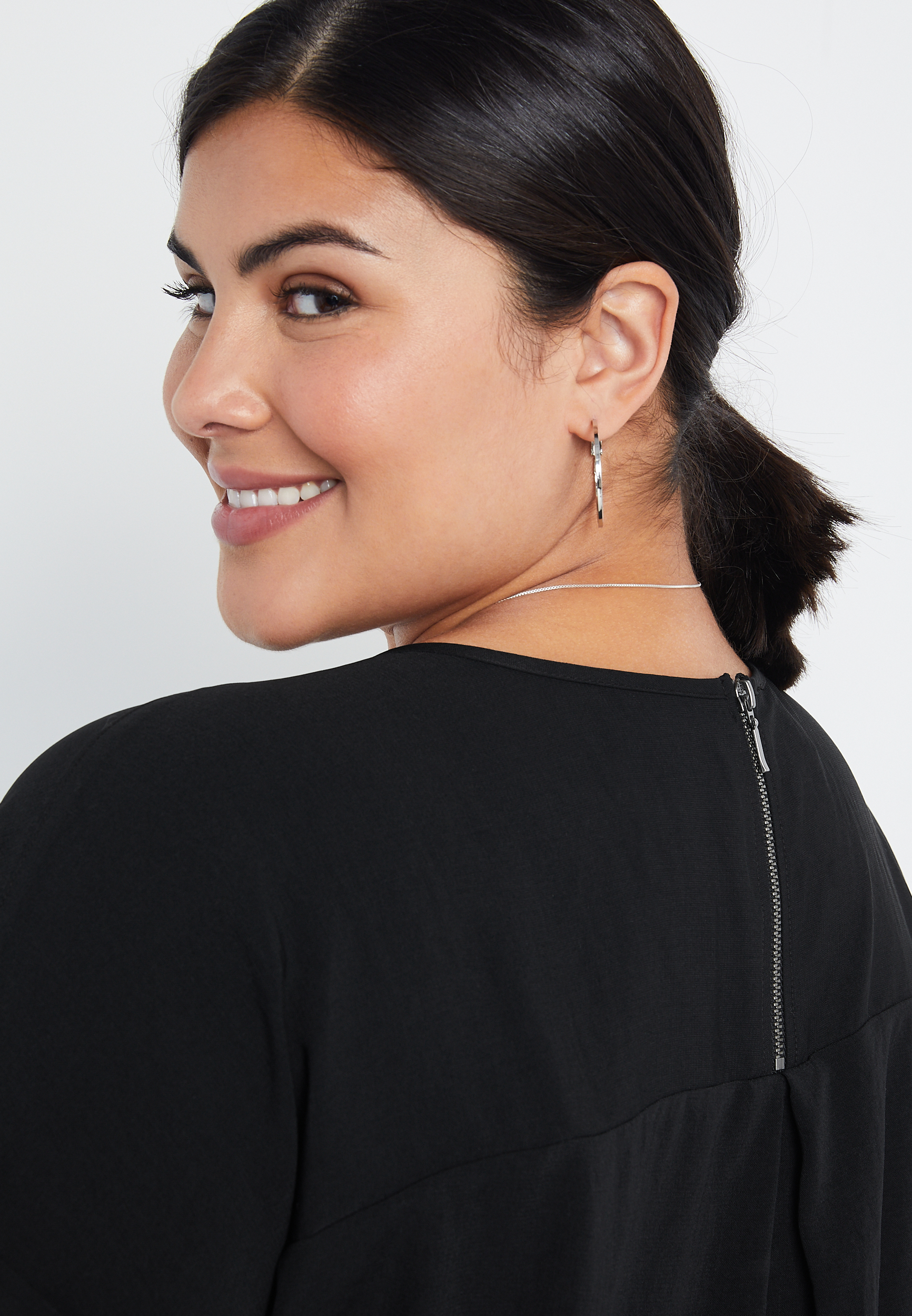 Plus Size Black Zipper Back Blouse, , large