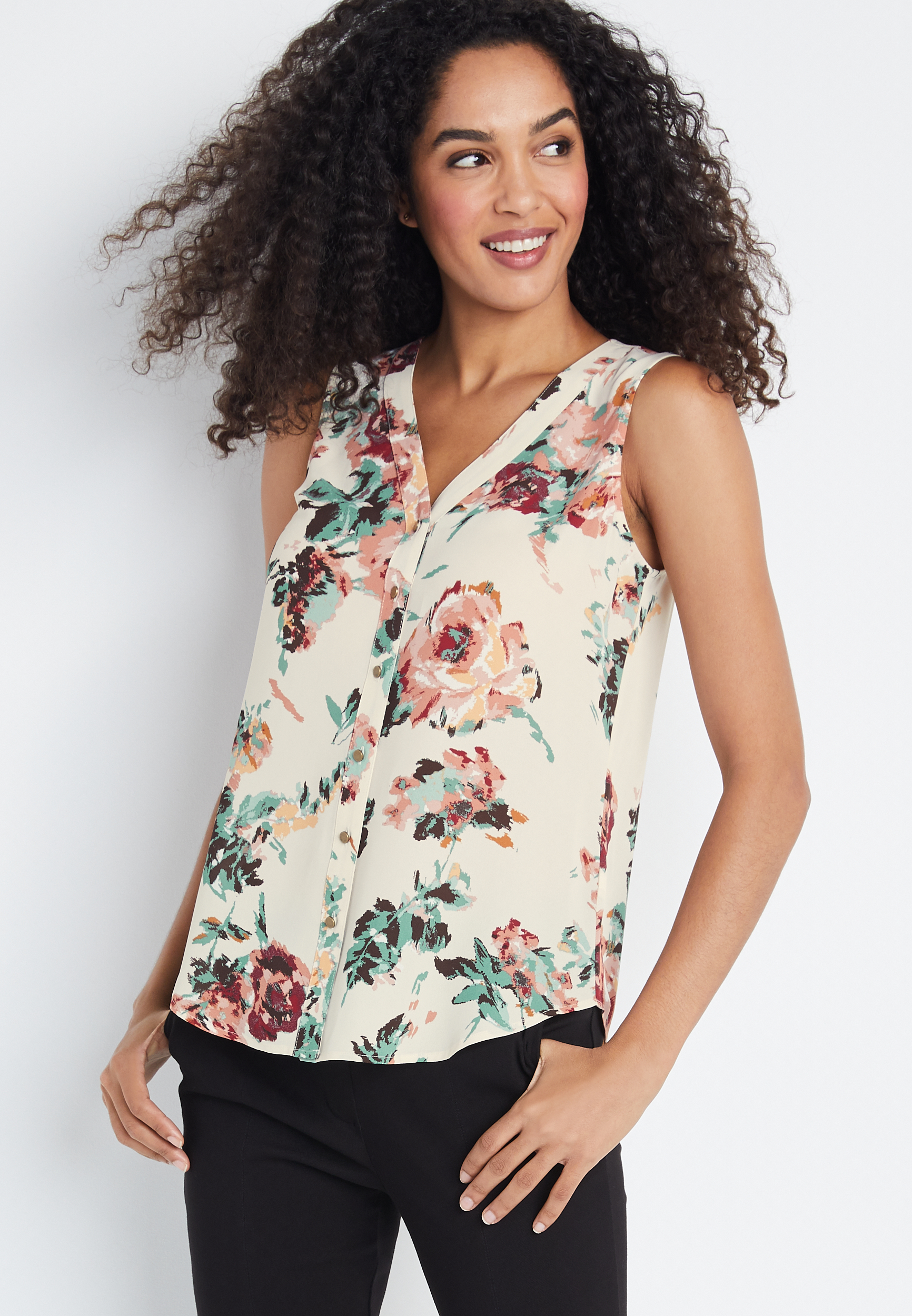 Madison Beige Floral Button Down Tank Top | maurices