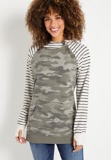 Camo Striped Sleeve Snap Hoodie, OLIVE COMBO, small