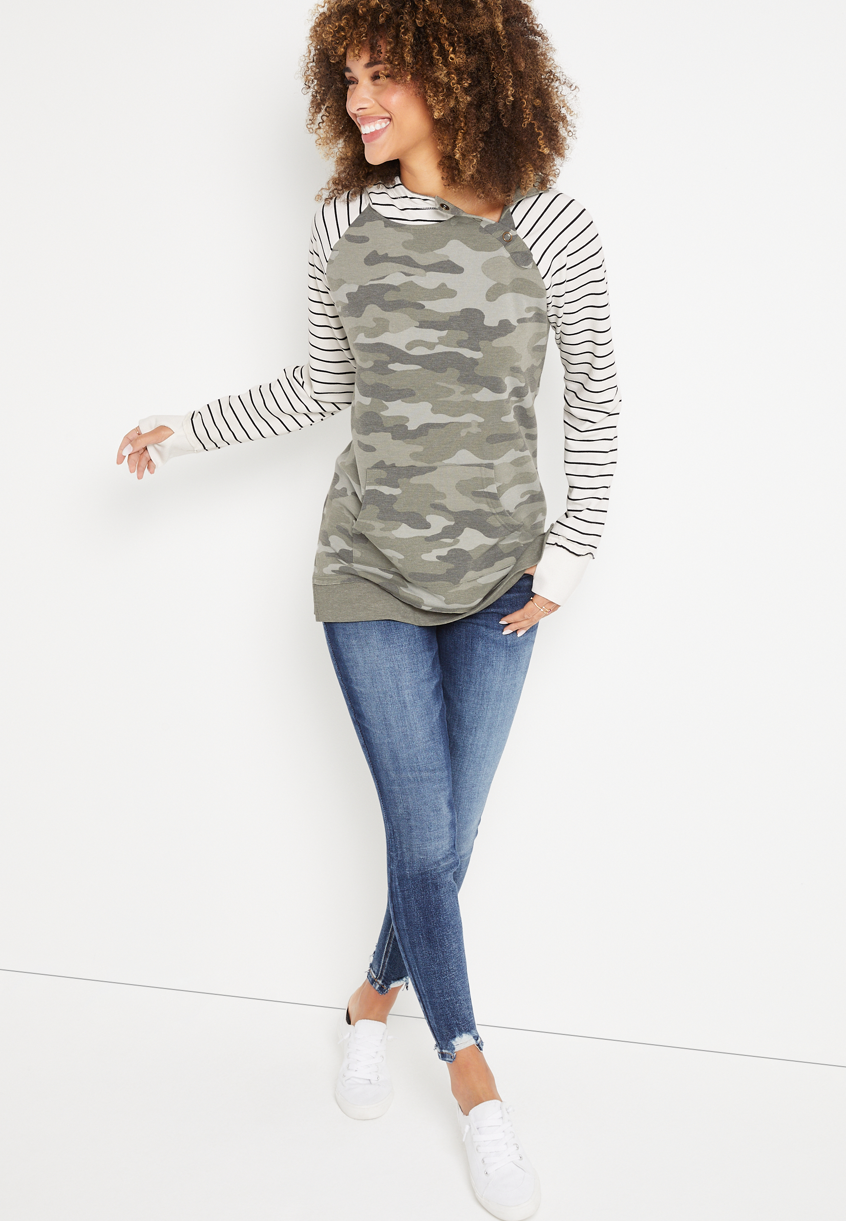 Camo Striped Sleeve Snap Hoodie, OLIVE COMBO, large