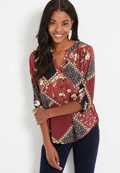 Atwood Floral 3/4 Sleeve Red Popover Blouse