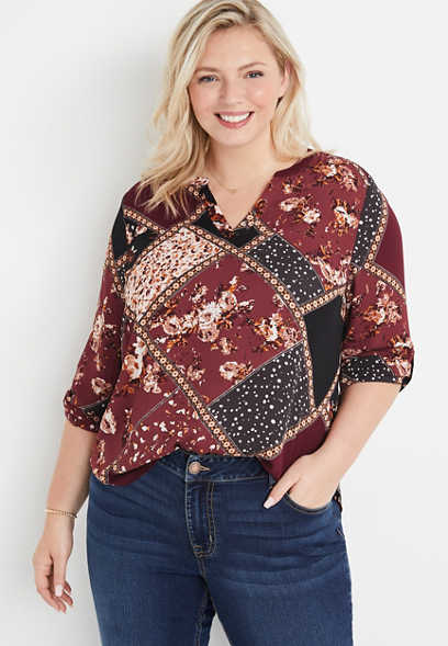 Plus Size Atwood Floral 3/4 Sleeve Red Popover Blouse