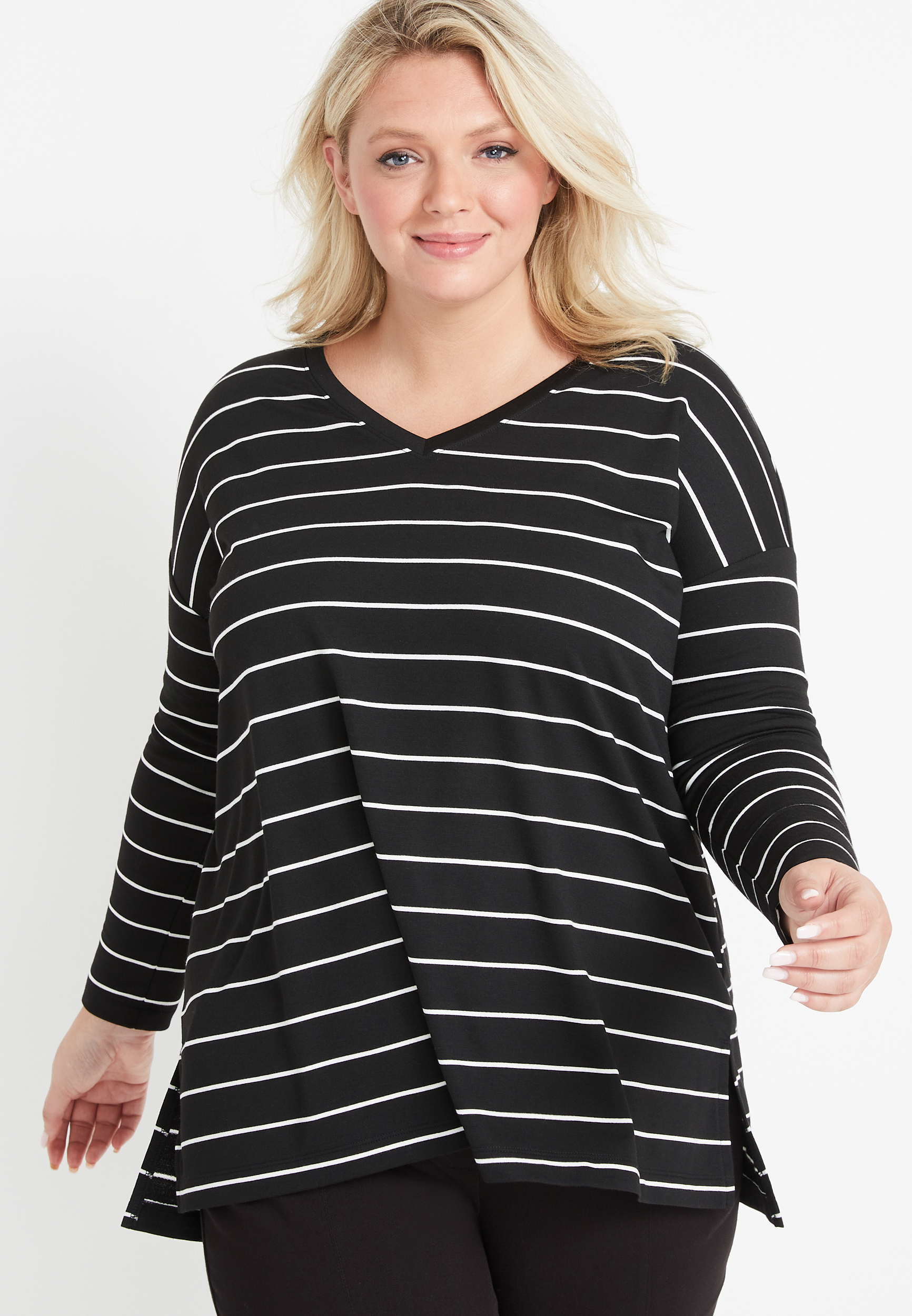 Plus Size 24/7 Stripe V Neck Long Sleeve Tunic Tee | maurices