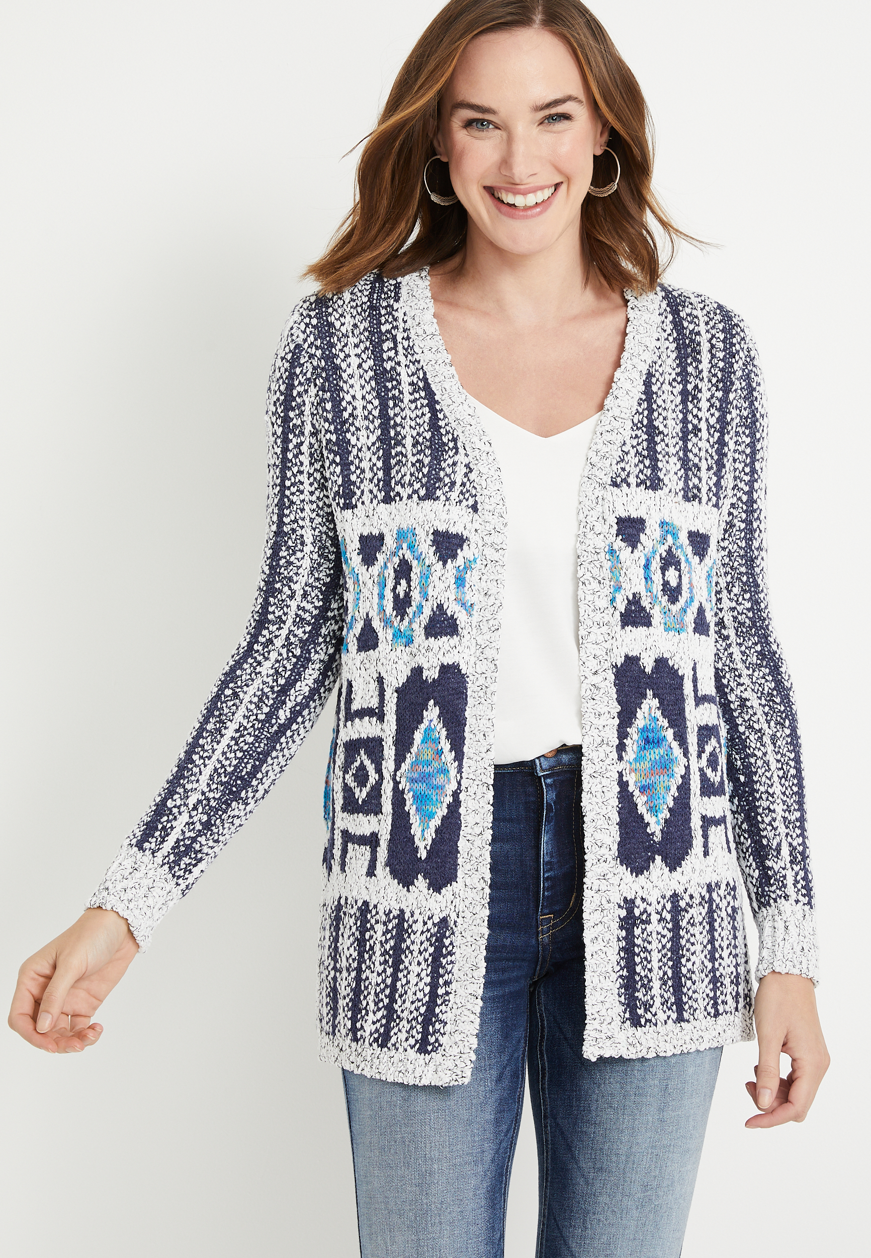 Blue Mix Print Open Front Cardigan | maurices