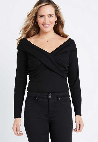 Solid Front Wrap Long Sleeve Top