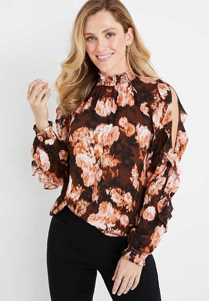 Brown Floral Cut Out Sleeve Blouse