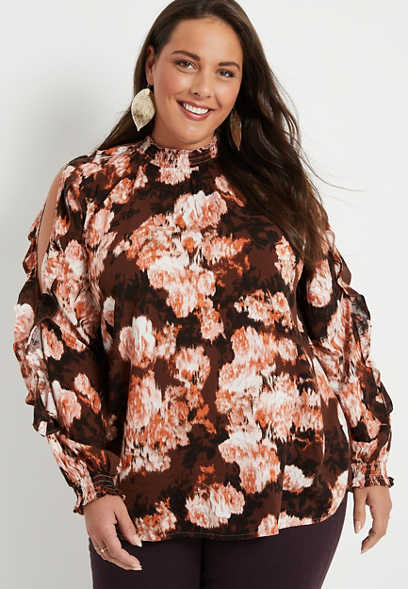 Plus Size Brown Floral Cut Out Sleeve Blouse