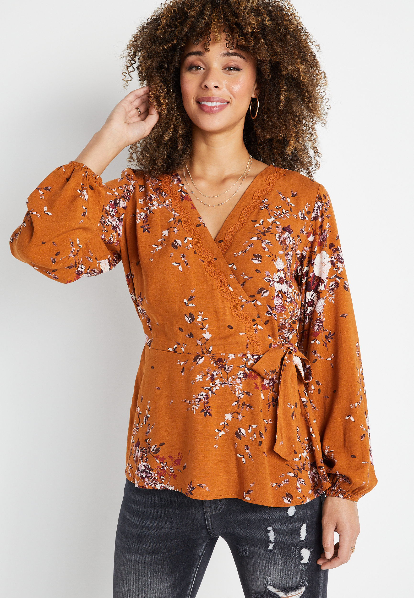 Gold Floral Crochet Wrap Top | maurices