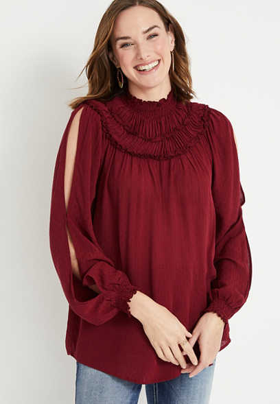 Solid Smocked Cut Out Sleeve Blouse