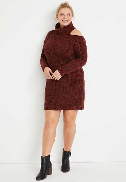 Plus Size Red Cut Out Turtle Neck Sweater Dress