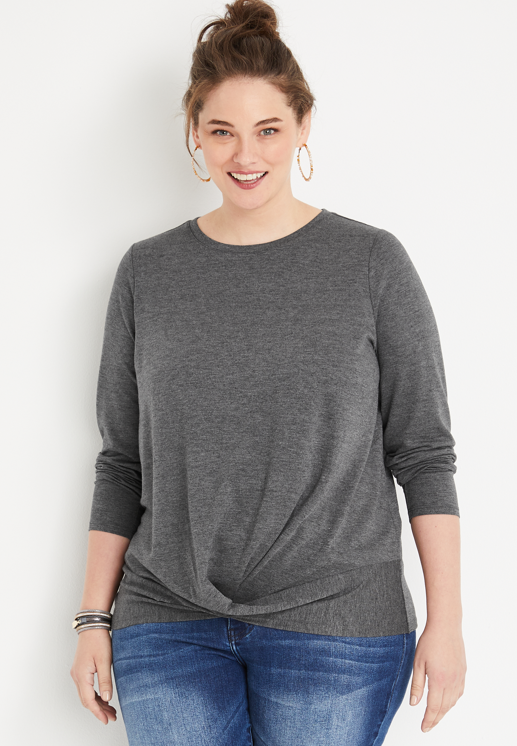 Plus Size 24/7 Solid Twisted Hem Long Sleeve Tee | maurices