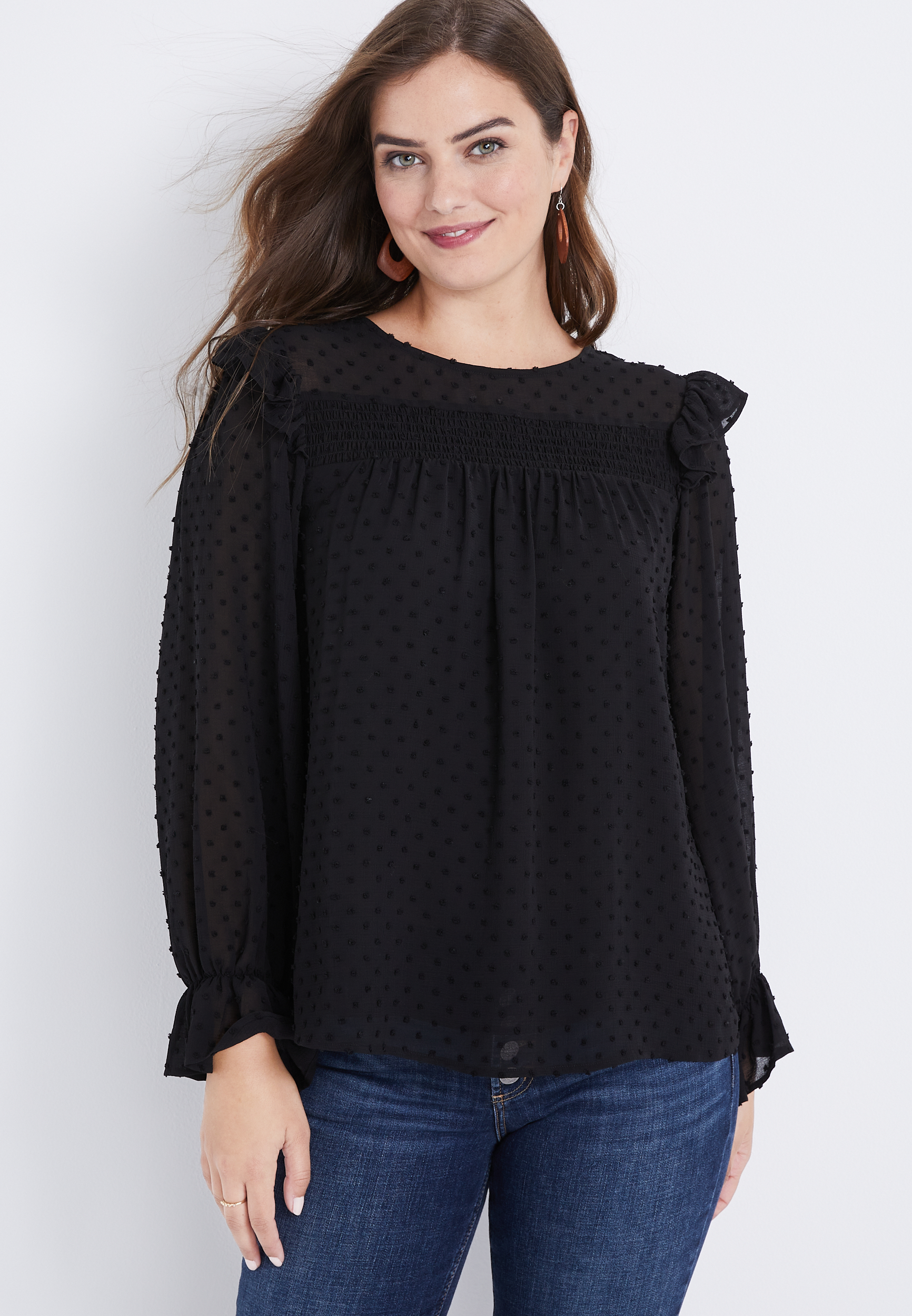 Black Clip Dot Ruffle Top | maurices