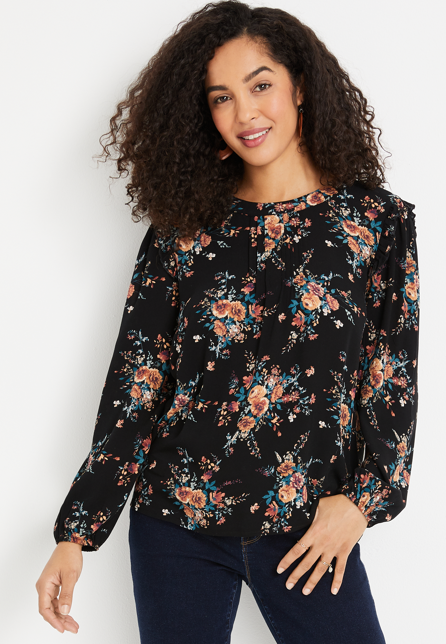 Black Floral Ruffle Top | maurices