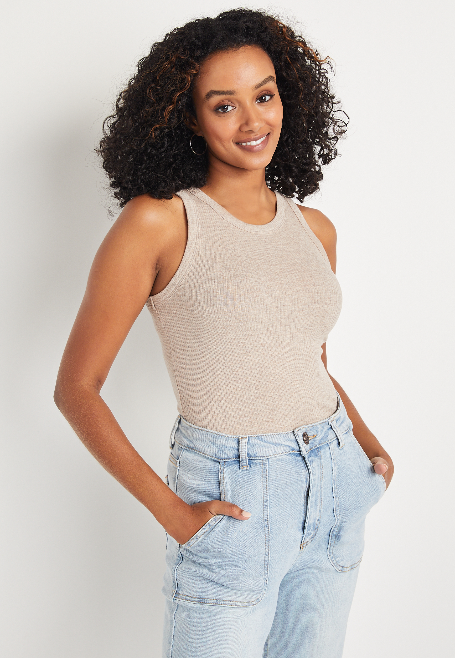 Brown High Neck Fitted Ribbed Tank Top maurices