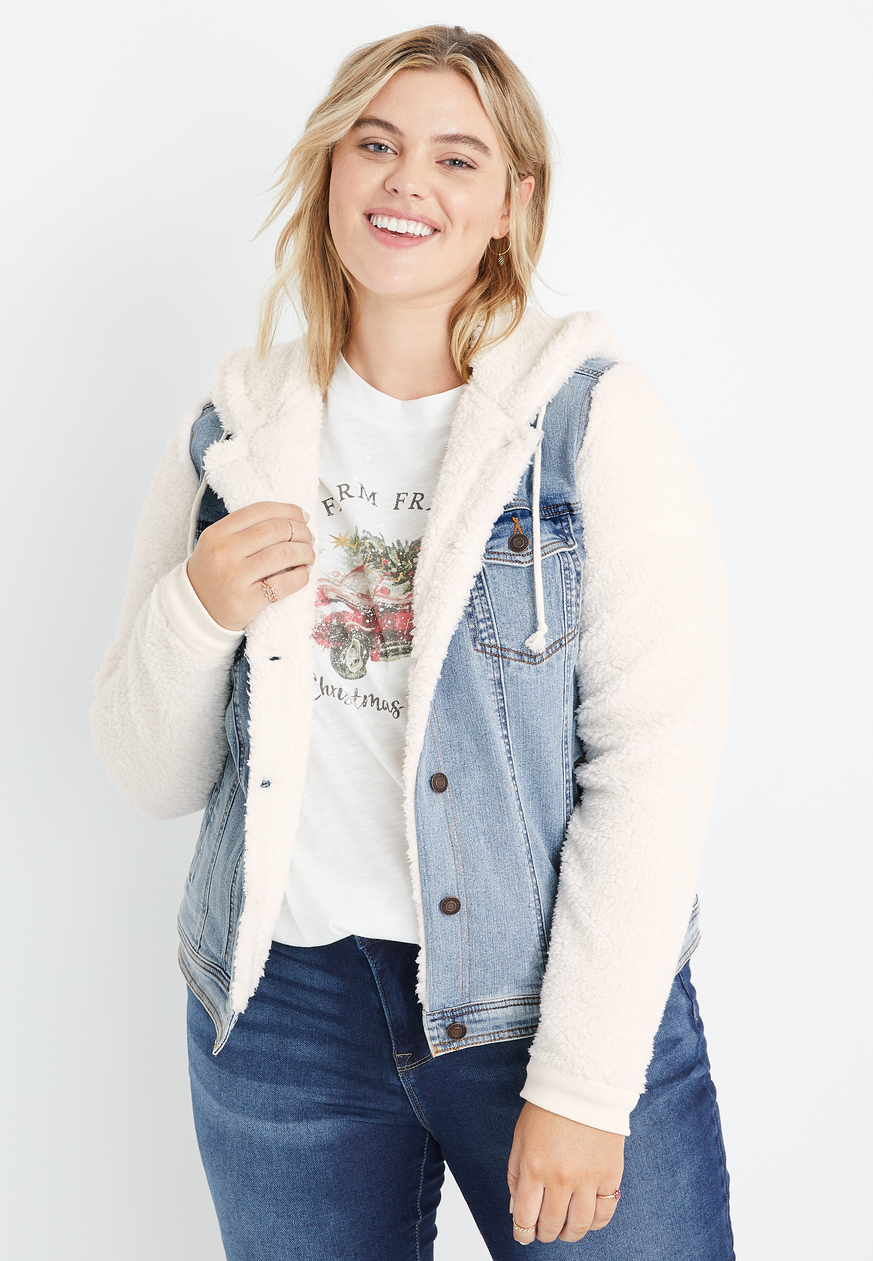 Plus Size White Sherpa Denim Jacket Maurices 