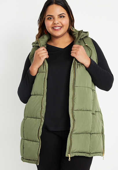Plus Size Green Long Hooded Puffer Vest