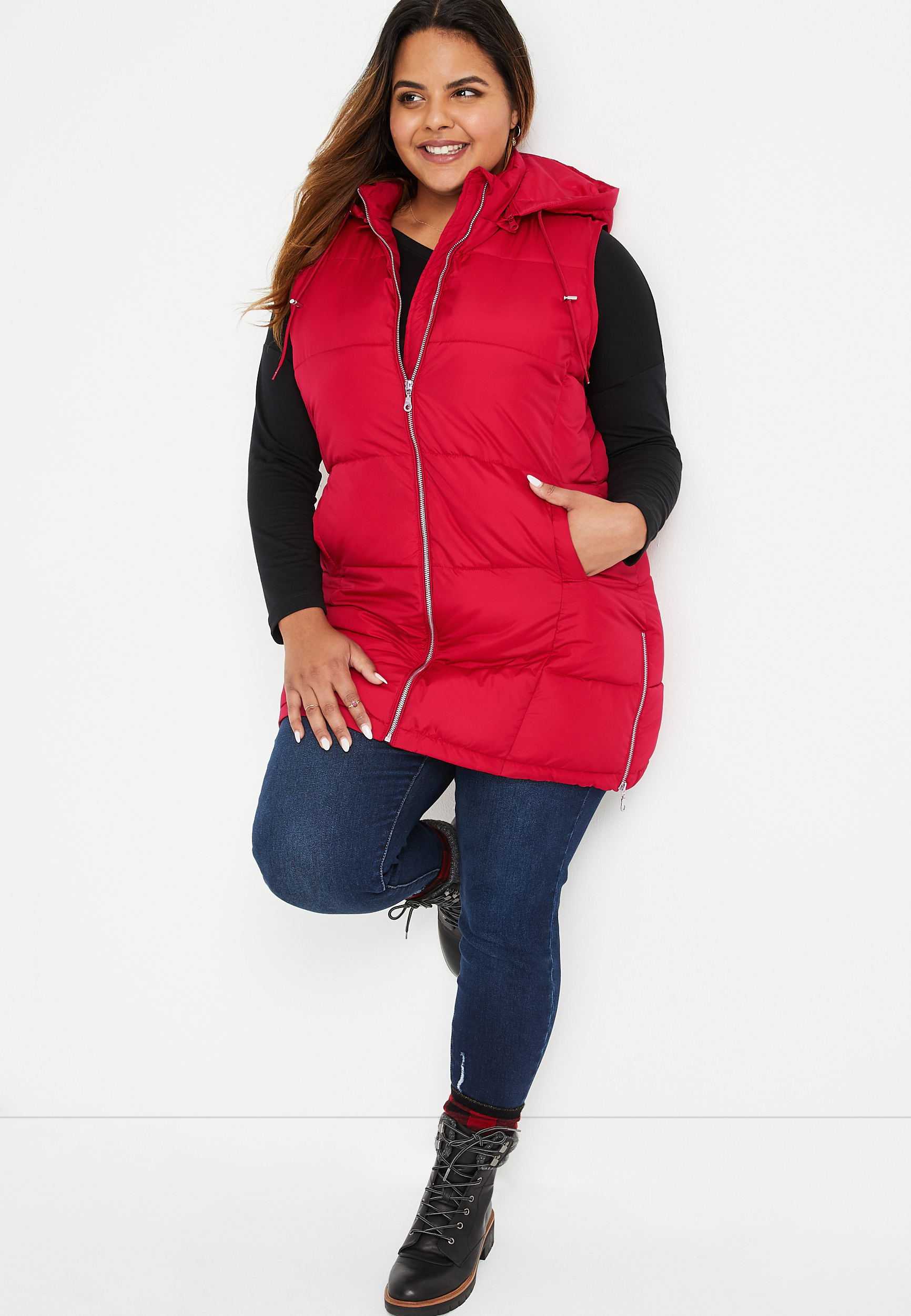 Plus Size Hooded Longlined Puffer Vest, ROYAL RUBY, large