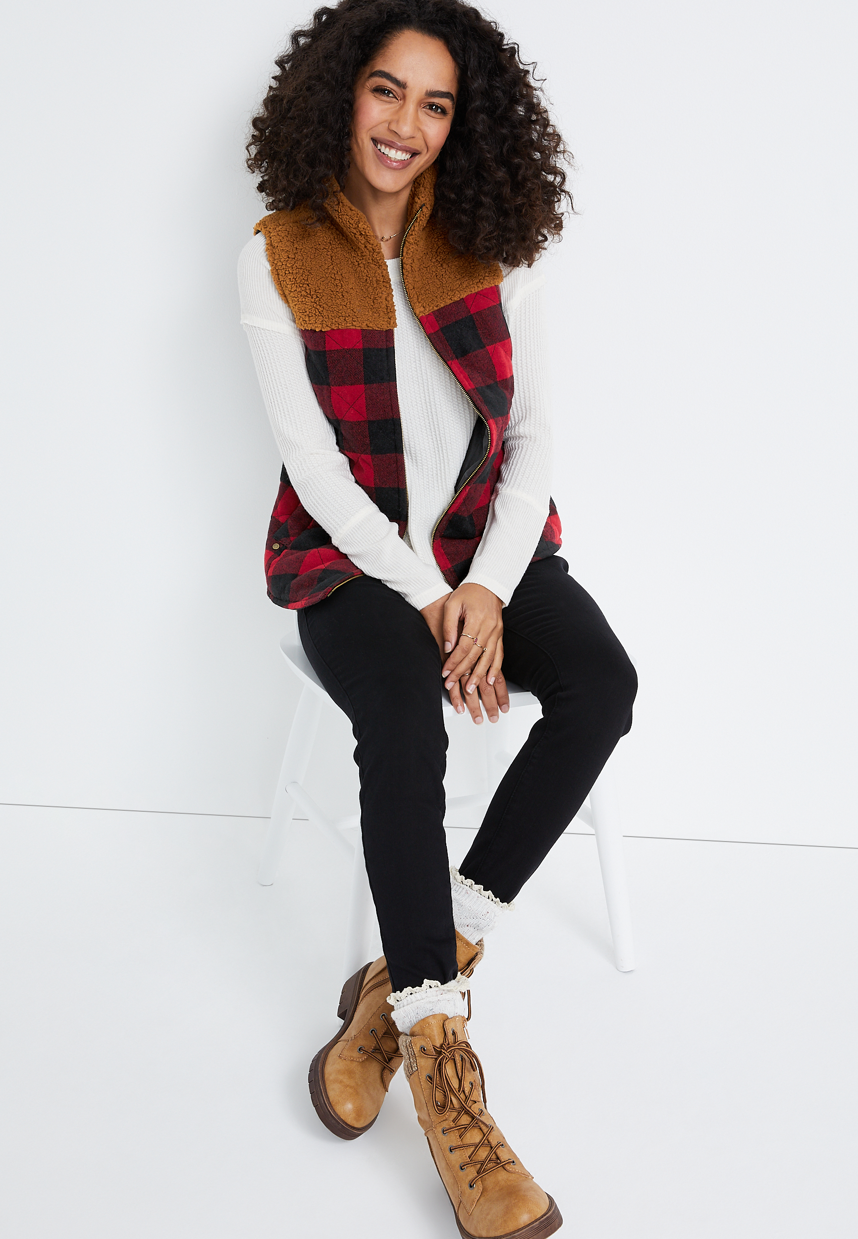 Buffalo Plaid Sherpa Block Vest, C5179, large
