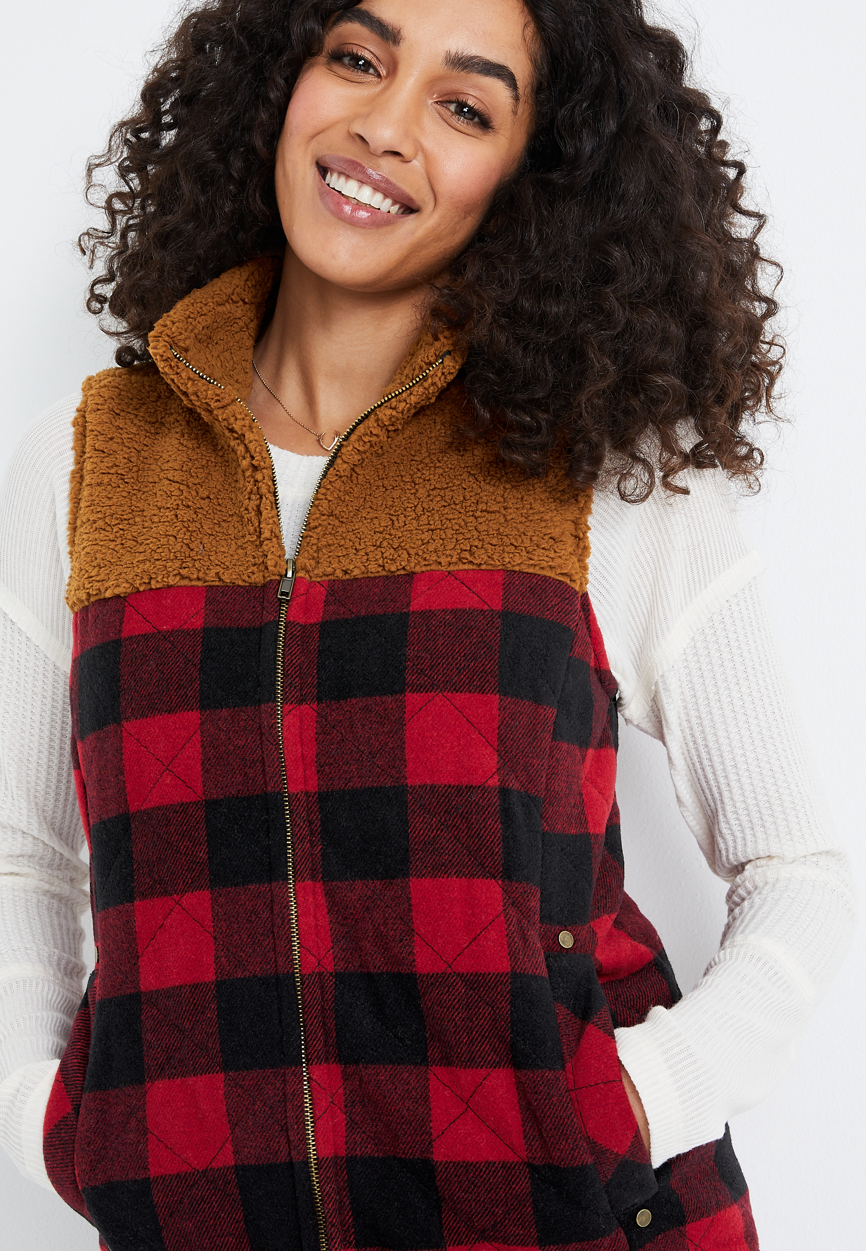 Buffalo Plaid Sherpa Block Vest, C5179, large