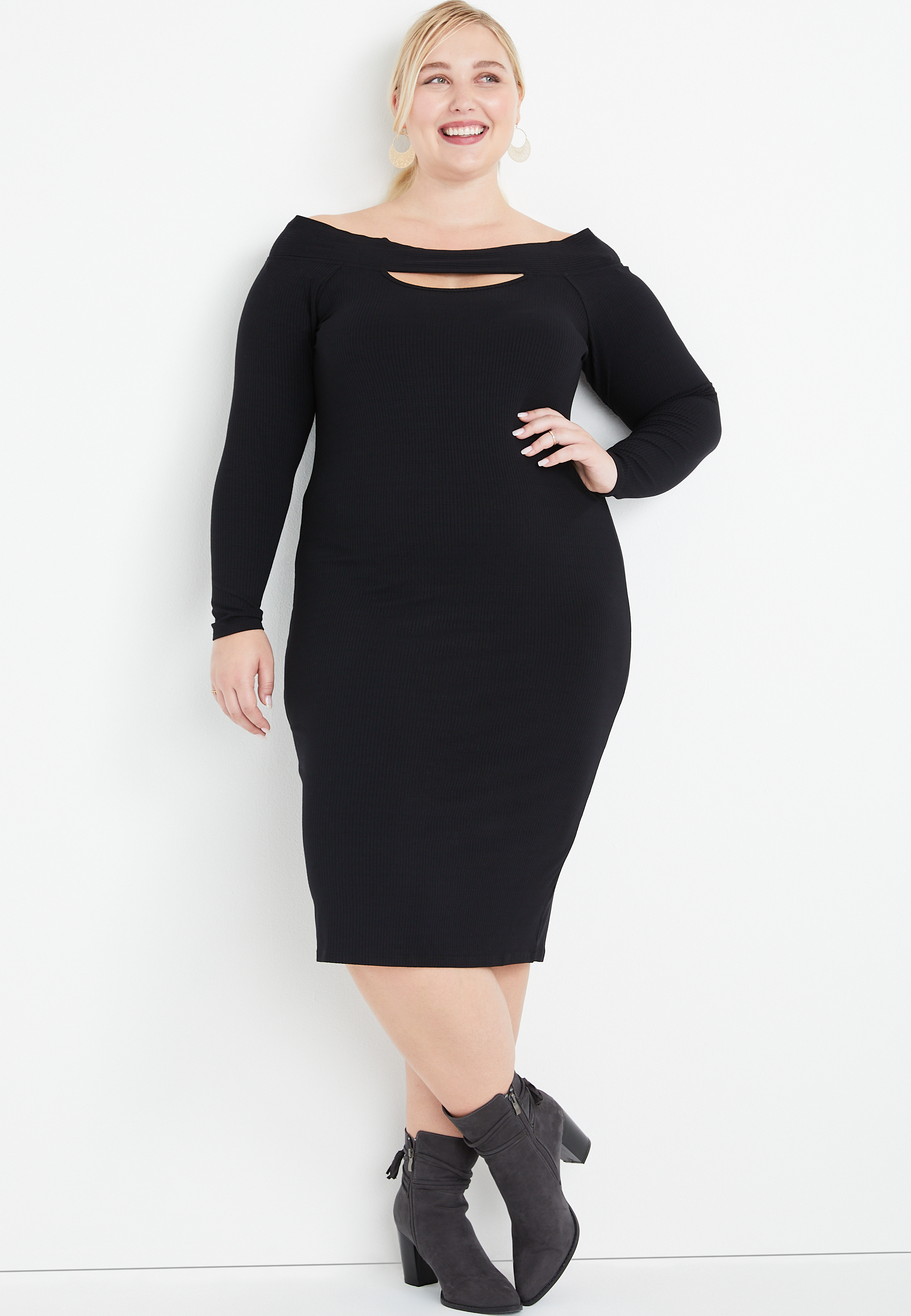 Plus Size Black Off the Shoulder Rib Sheath Midi Dress | maurices