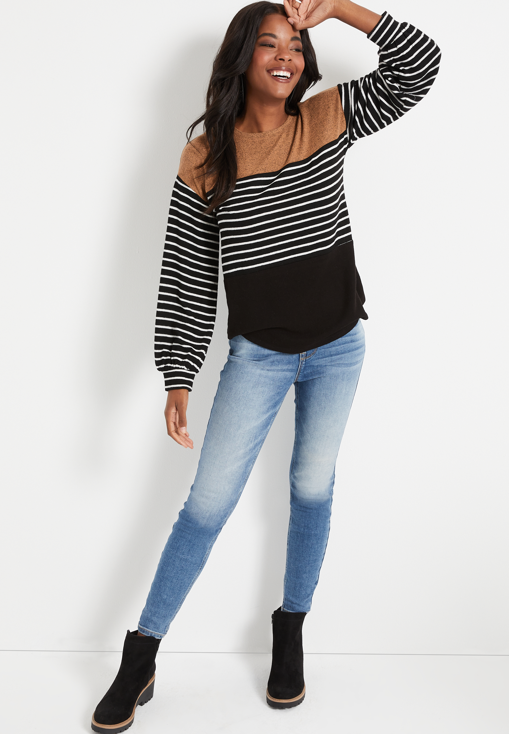 Gold Colorblock Long Sleeve Cozy Tee, C2404, large