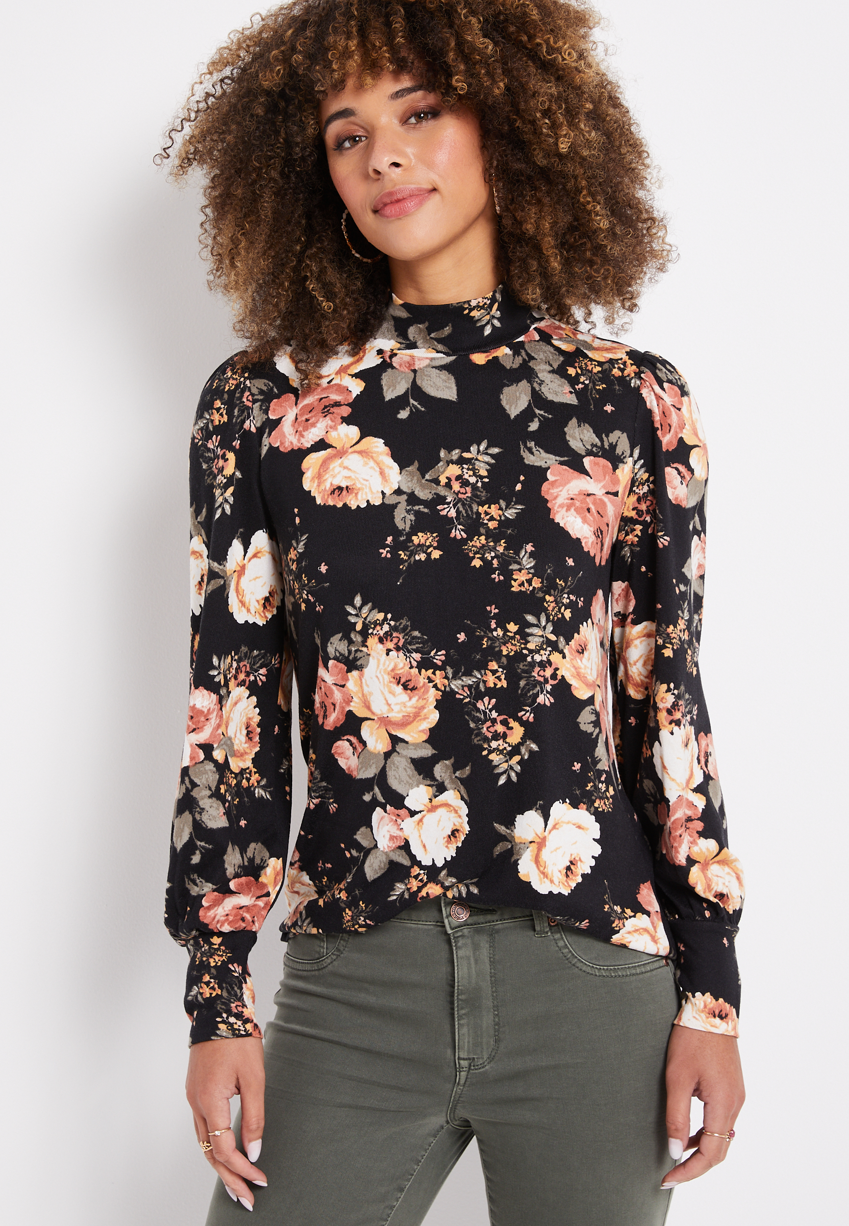 Black Floral Blouson Sleeve Mock Neck Tee | maurices