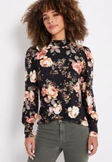 Black Floral Blouson Sleeve Mock Neck Tee, BLACK COMBO, small