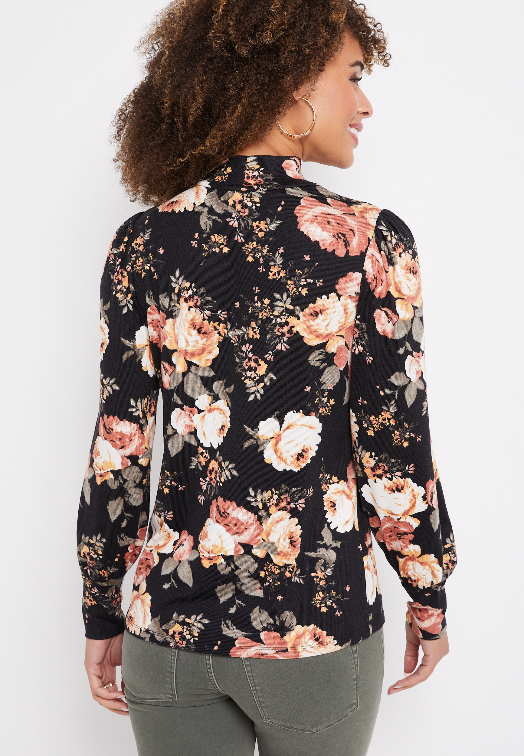 Black Floral Blouson Sleeve Mock Neck Tee, BLACK COMBO, large