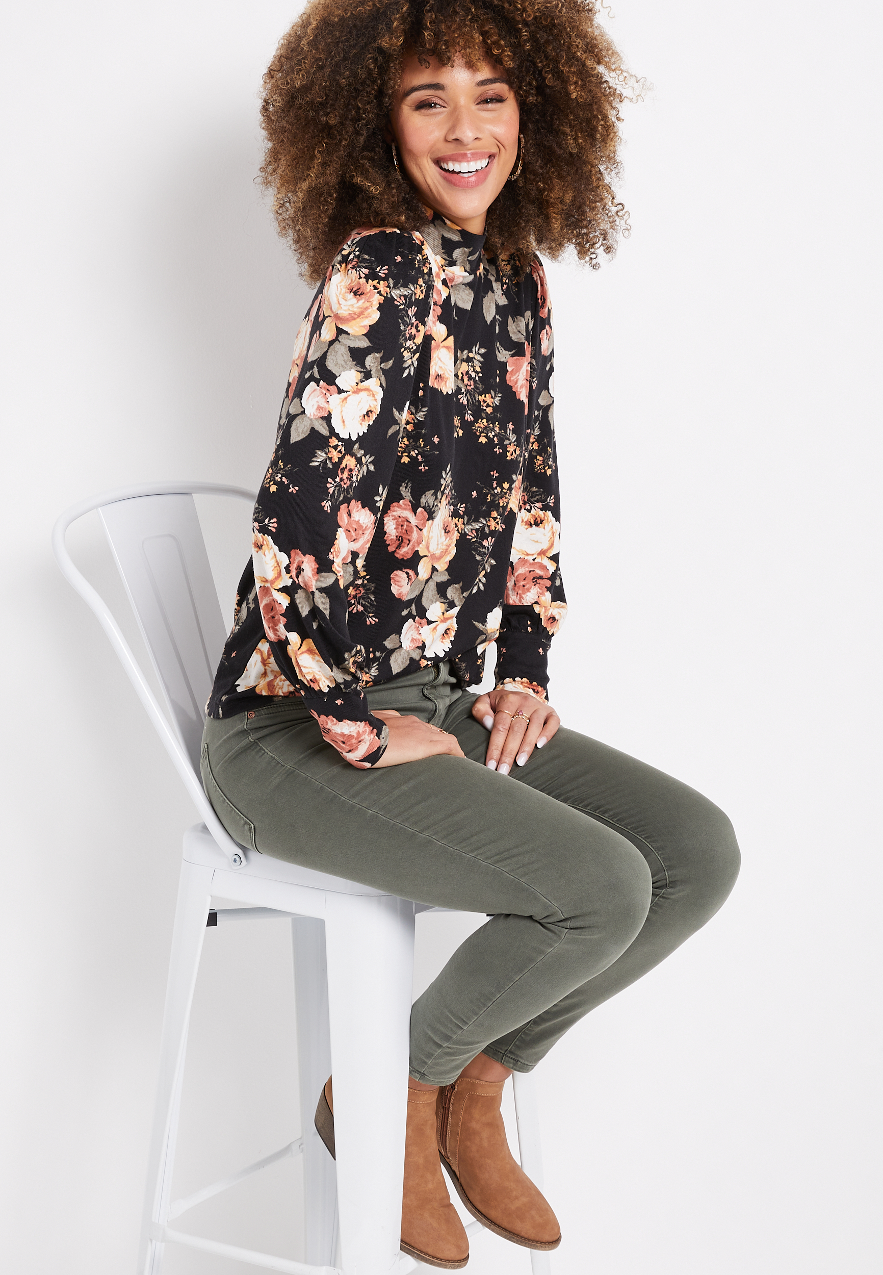 Black Floral Blouson Sleeve Mock Neck Tee, BLACK COMBO, large