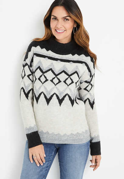 Gray Fair Isle Mock Neck Sweater