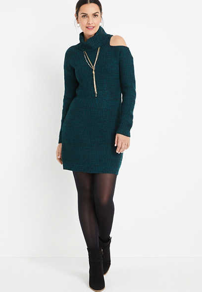Teal Cut Out Turtle Neck Sweater Dress