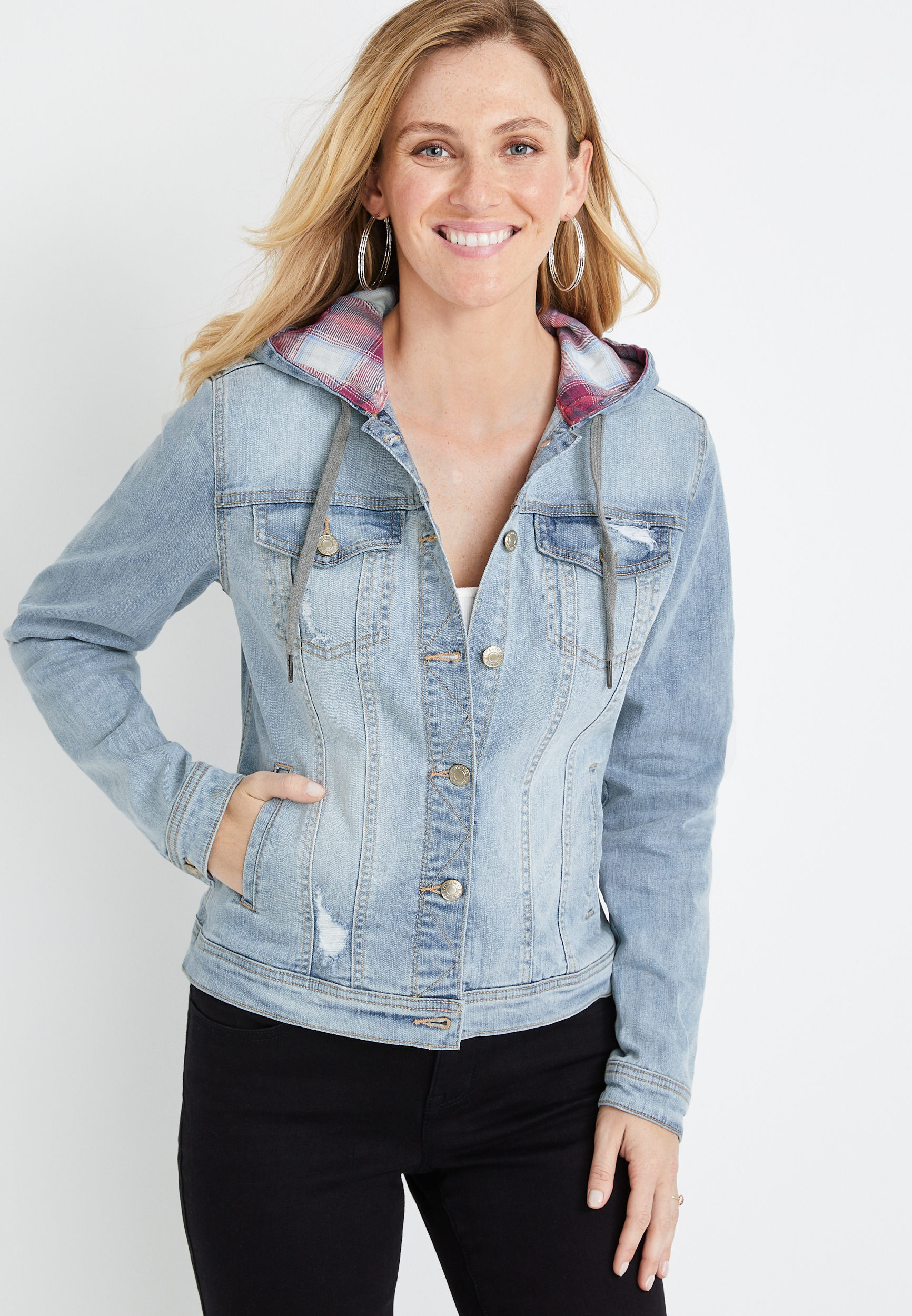 Hooded Denim Denim Jacket Light Blue Colour Vintage Plaid Hooded