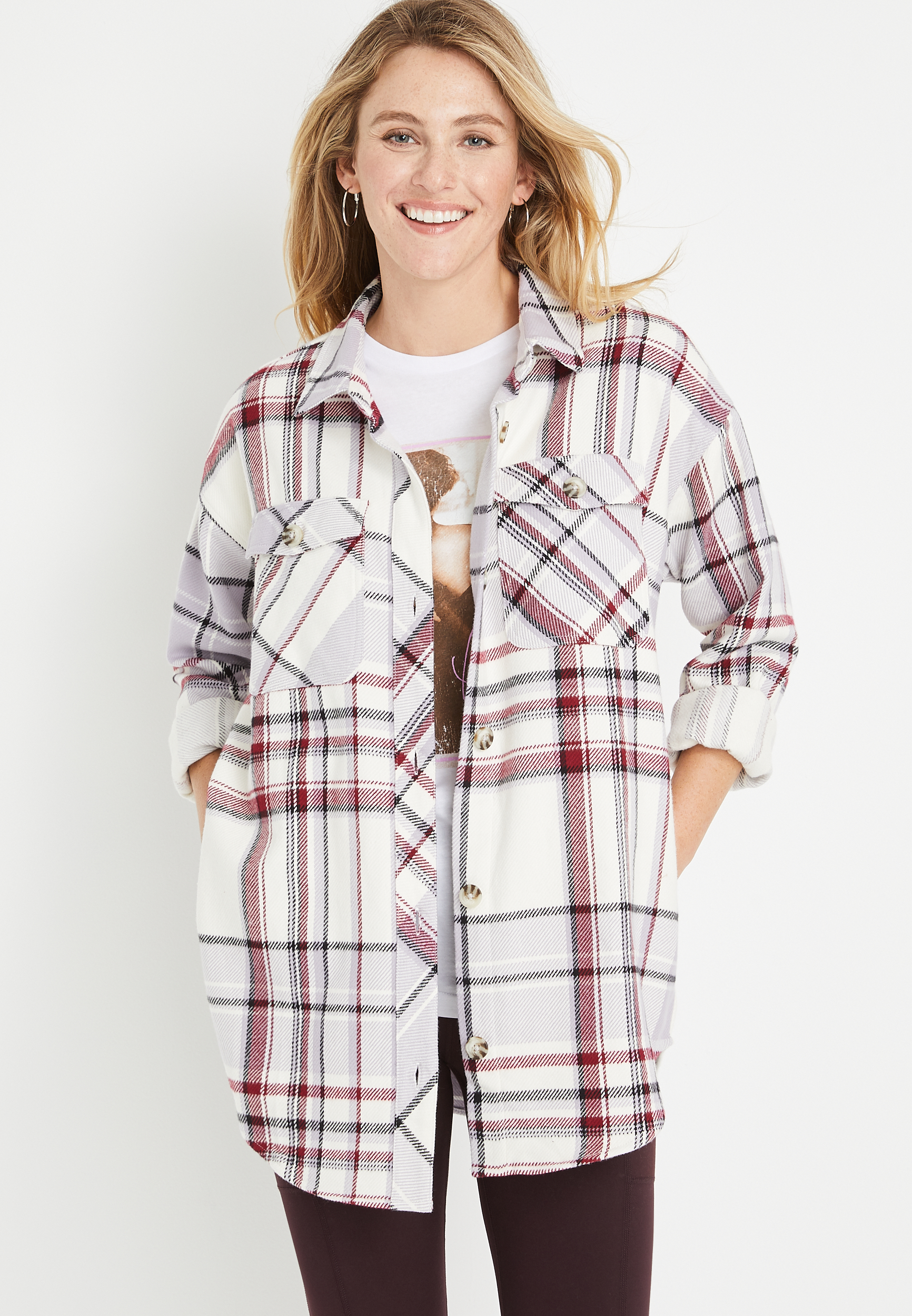 White Plaid Flannel Shacket | maurices
