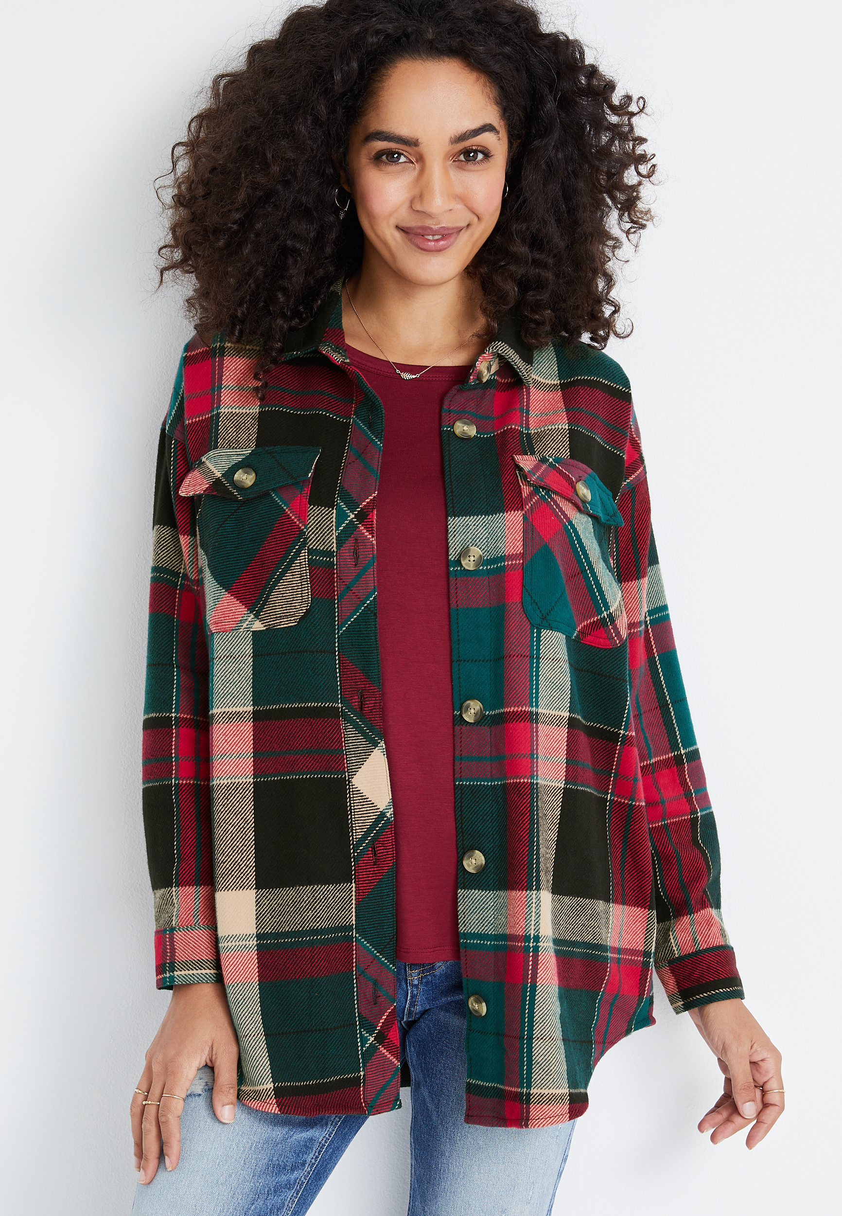 Green Plaid Flannel Shacket | maurices