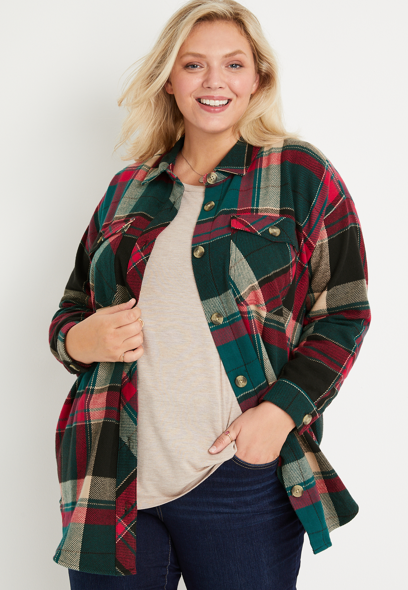 Plus Size Green Plaid Flannel Shacket | maurices