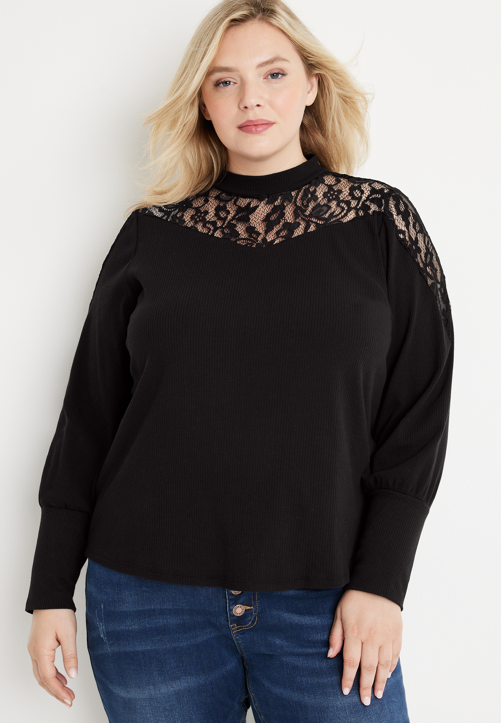 Plus Size Solid Ribbed Lace Trim Mock Neck Top | maurices