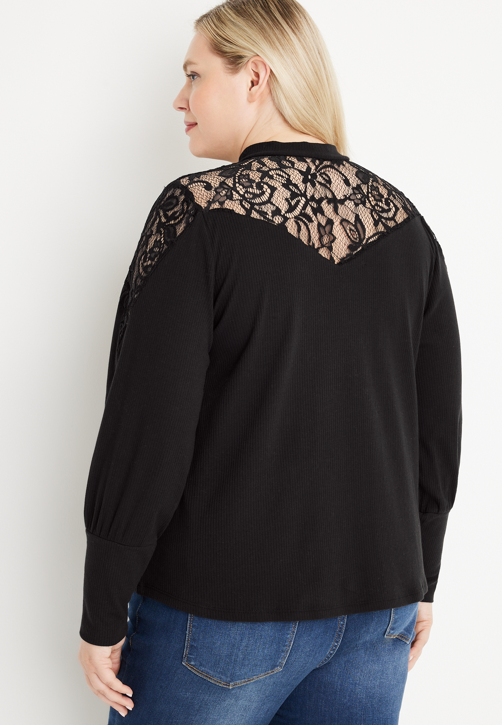 Plus Size Solid Ribbed Lace Trim Mock Neck Top, C106, large