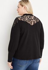 Plus Size Solid Ribbed Lace Trim Mock Neck Top, C106, small