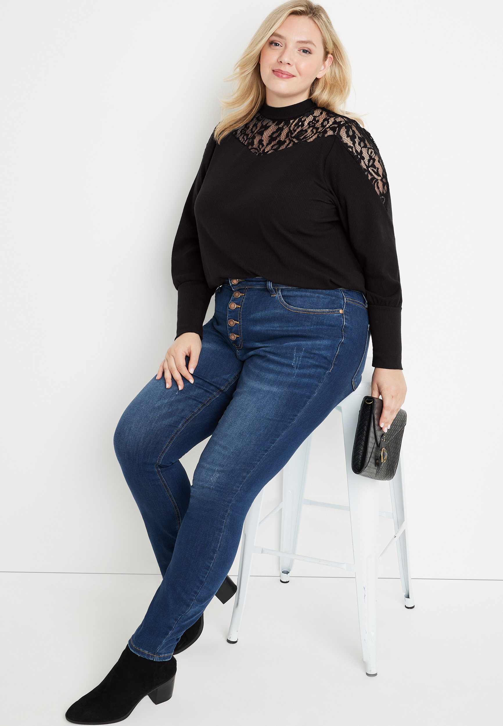 Plus Size Solid Ribbed Lace Trim Mock Neck Top, C106, large