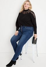 Plus Size Solid Ribbed Lace Trim Mock Neck Top, C106, small