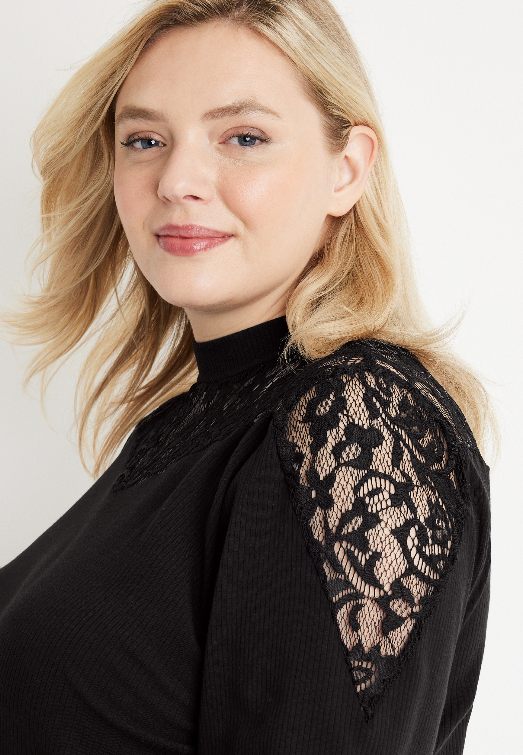 Plus Size Solid Ribbed Lace Trim Mock Neck Top, C106, large