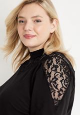Plus Size Solid Ribbed Lace Trim Mock Neck Top, C106, small