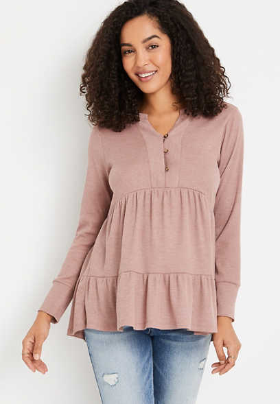 Solid Thermal Henley Babydoll Top