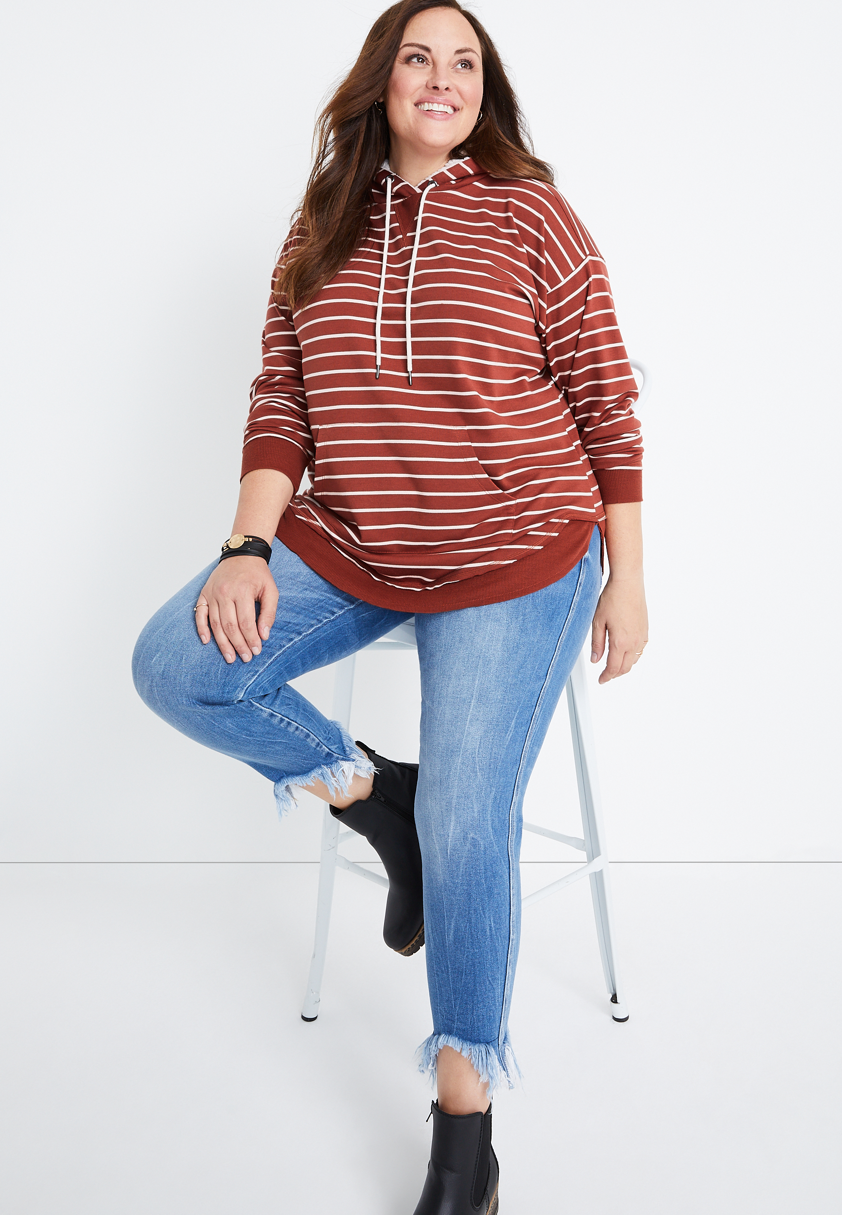 Plus Size Homeward Striped Sherpa Hoodie, C4213, large