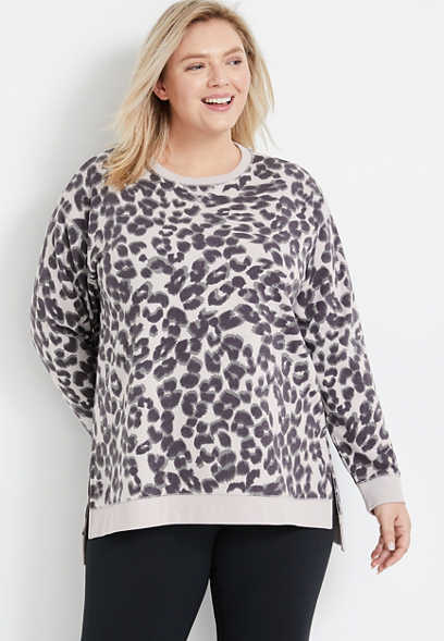 Plus Size Willowsoft Gray Leopard Tunic Sweatshirt